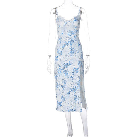 Lace Flowers Print Long Dress Sexy Fashion Slit Suspender-Blue-7
