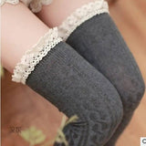 Lace lace over knee socks, high stockings, preppy stockings-Dark grey-3