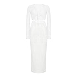 Lace Mesh Long Sleeve Narrow Casual Knitted Maxi Dress Suit-White-11