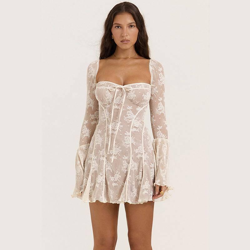 Lace Square Collar Dress Bell-bottom Long Sleeve Tied A-Light Apricot Colored-1