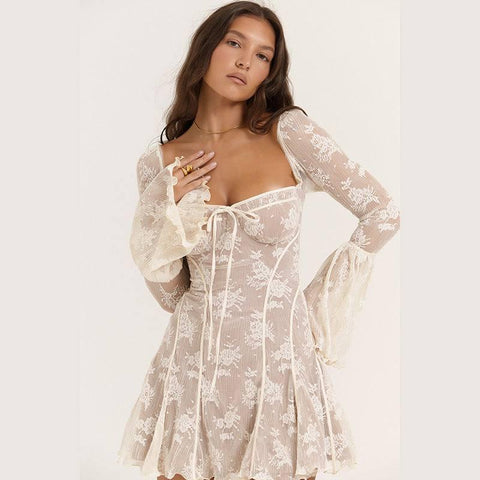 Lace Square Collar Dress Bell-bottom Long Sleeve Tied A-5