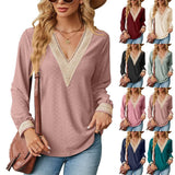 Lace Stitching V-neck T-shirt Loose Long-sleeved Solid Color-1