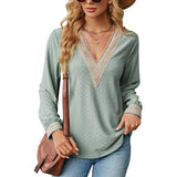 Lace Stitching V-neck T-shirt Loose Long-sleeved Solid Color-Dark Green-5