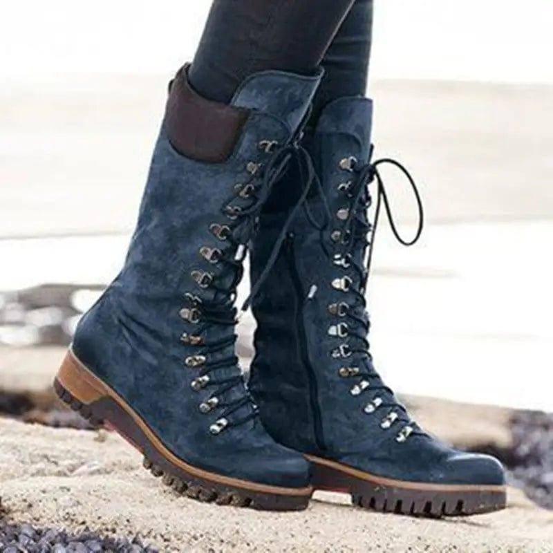 Lace-Up Combat Boot Winter Cowboy Western Boots Women-Blue-2