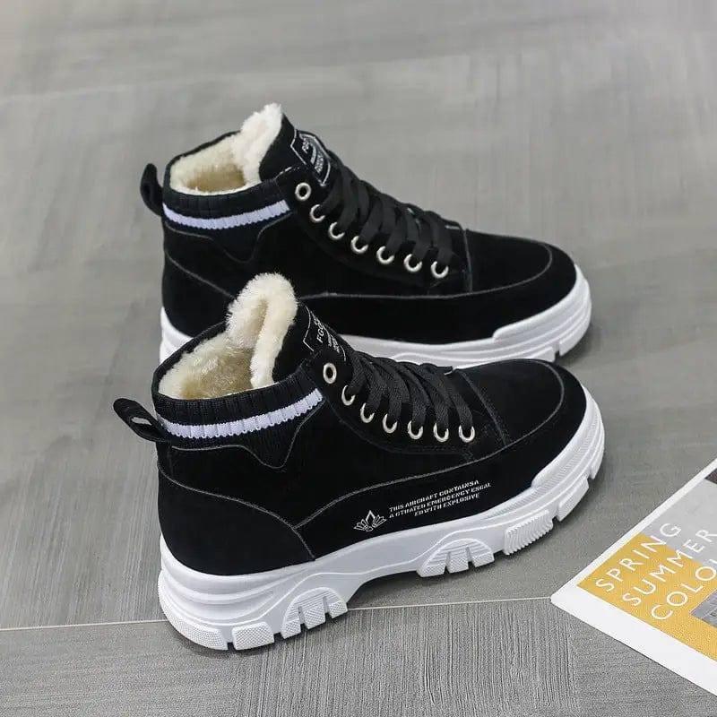 Ladies Casual Shoes Lace-up Fashion Sneakers Platform Snow-Black-6