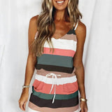 Ladies Color Striped Pocket V-neck Waist Halter Dress-1