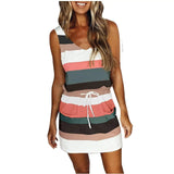 Ladies Color Striped Pocket V-neck Waist Halter Dress-2