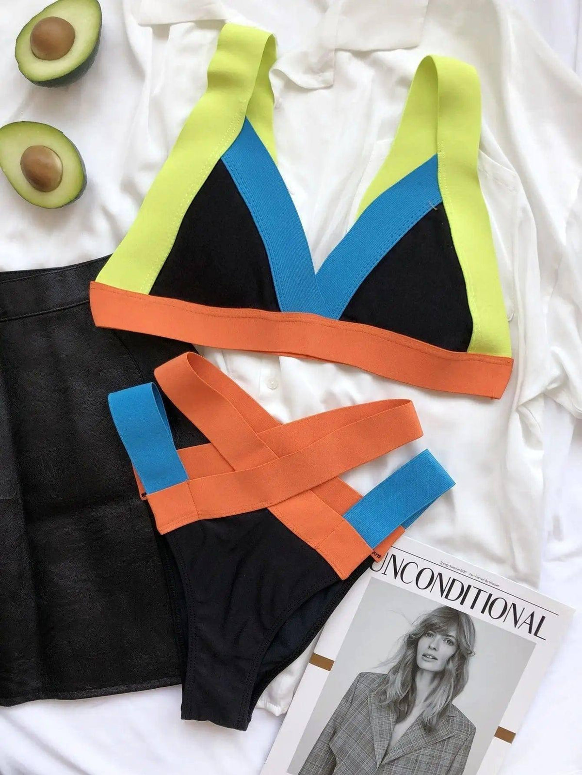 Ladies Colorful Bandage Bikini Triangle Bag Swimsuit-Black-3