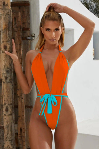Ladies One Piece Bandage Swimsuit Pull Side Bikini-Orange-6