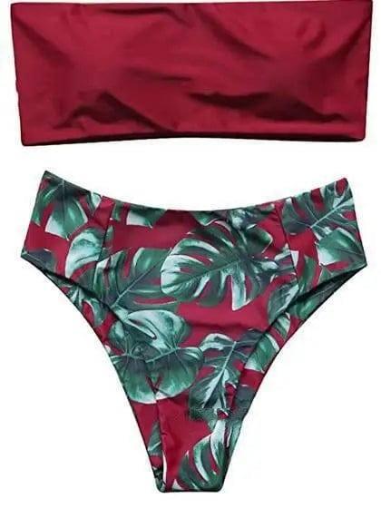 Ladies Printed Bikini Swimsuit Split Swimsuit Set-WineRed-19