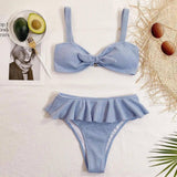 Ladies Ruffle Knitted Fabric Ladies Swimsuit Bikini-Blue-1