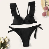 Ladies Split Solid Color Ruffled V-Neck Sexy Bikini Swimsuit-Black-7