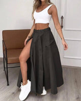 Ladies Suit Summer Sleeveless Solid Color Slit Two-piece Set-Black And White-7