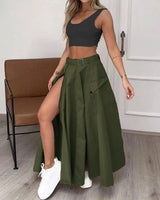 Ladies Suit Summer Sleeveless Solid Color Slit Two-piece Set-Black Green-8