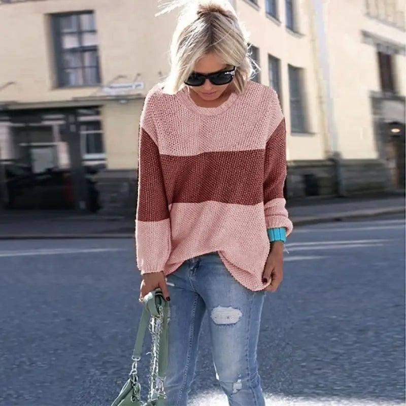 Ladies Sweater Stitching Knitted Sweater-Pink-3