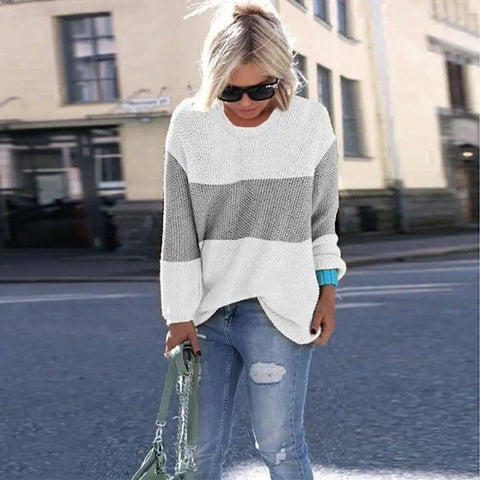 Ladies Sweater Stitching Knitted Sweater-White-4