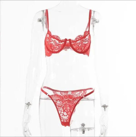 Ladies Underwire Lace Lingerie Suit Fashion-Red-15