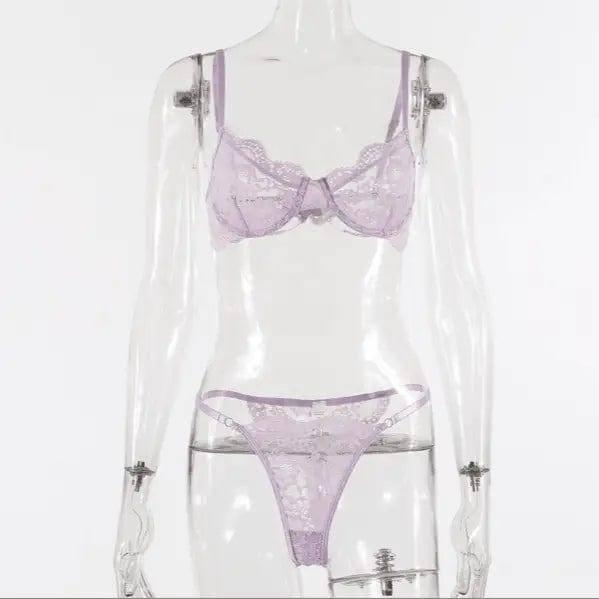 Ladies Underwire Lace Lingerie Suit Fashion-LightPurple-2