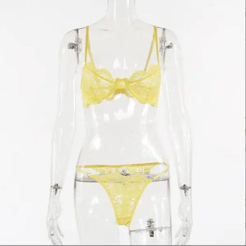 Ladies Underwire Lace Lingerie Suit Fashion-Yellow-5