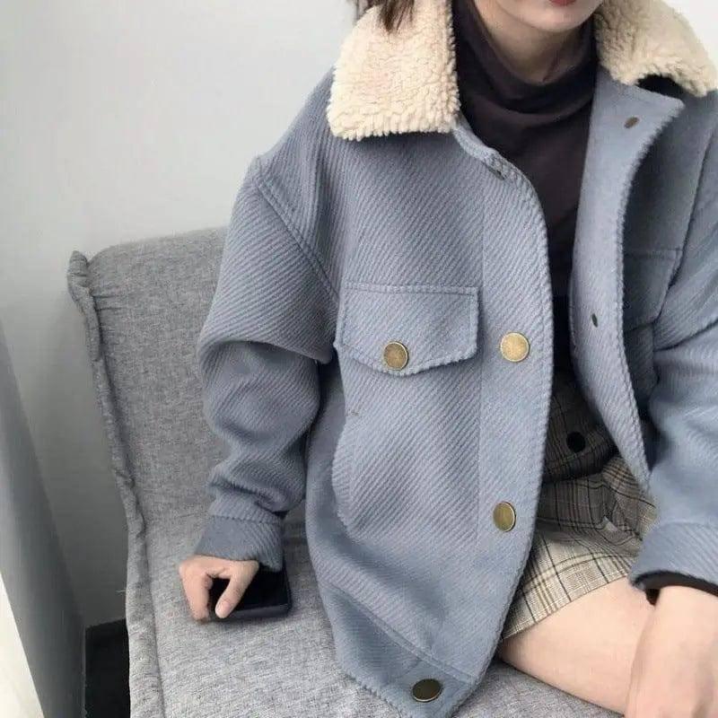 LOVEMI - Lamb fur collar padded short woolen coat