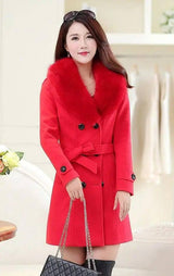 Large fur collar woolen coat-Red-6