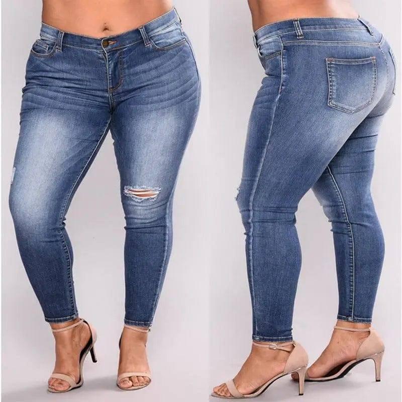 Large size hole high elastic jeans women's feet pants-2XL-1