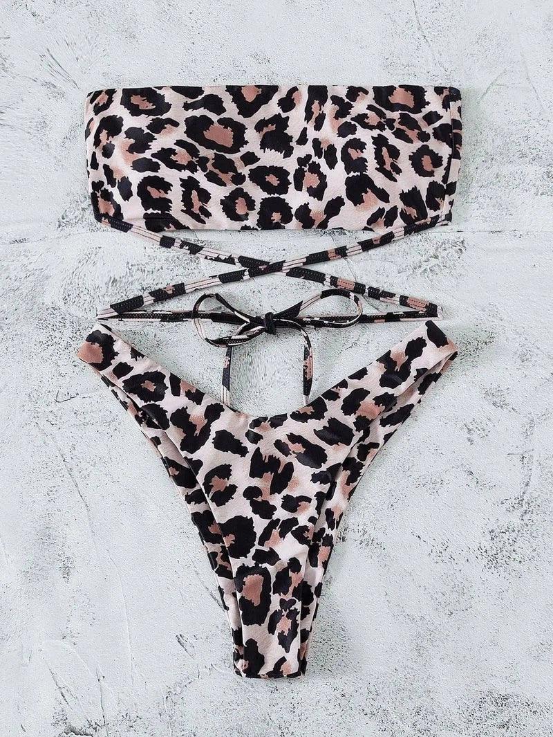 Leopard Print Bikini Bandeau Split Swimsuit-Leopard-2
