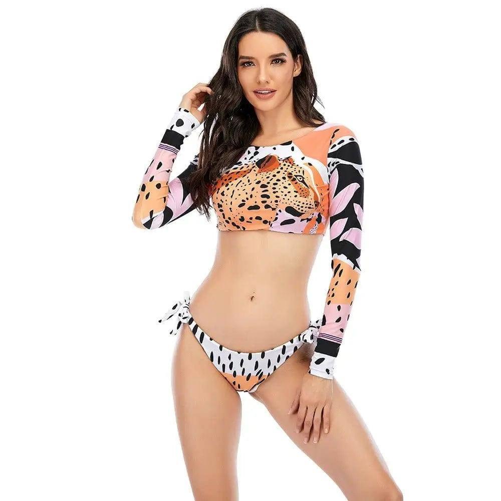 Leopard Print Bikini Women's Long-sleeved Sunscreen Swimsuit-LeopardHead-2