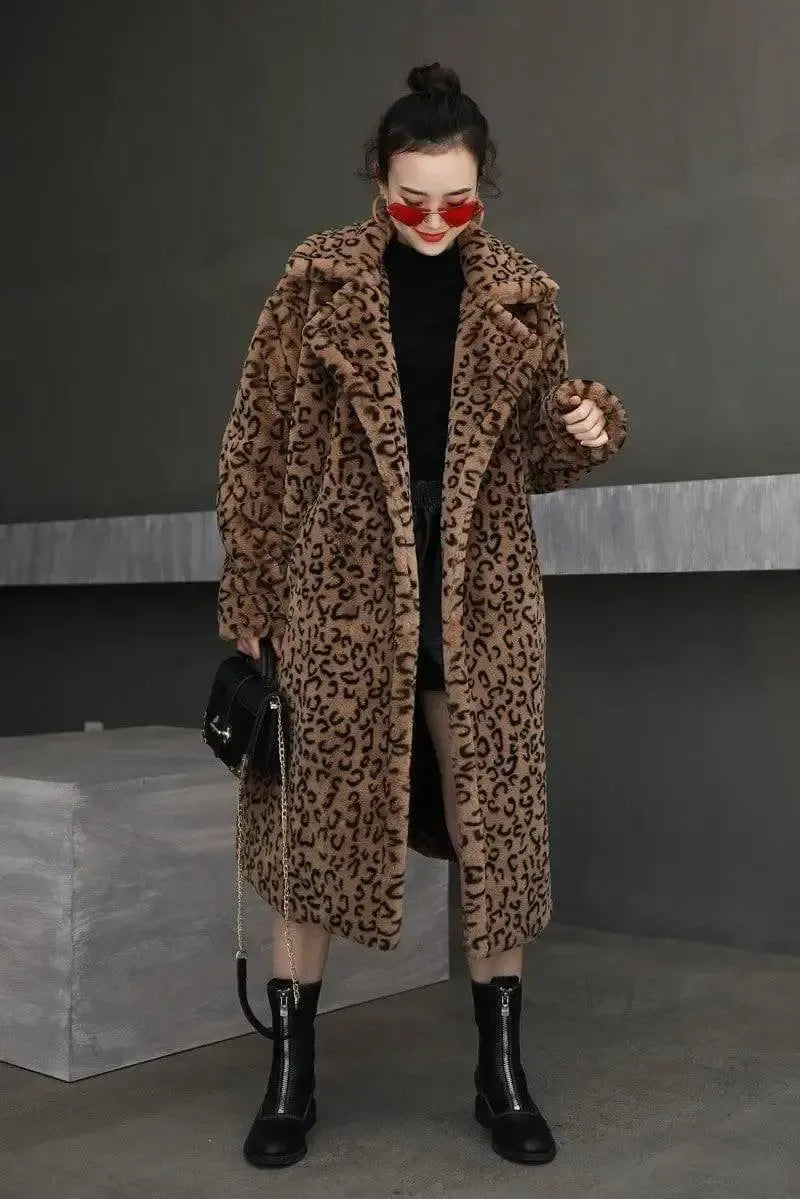 Leopard print oversized suit collar fur coat-4