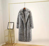 Leopard print oversized suit collar fur coat-Grey-5