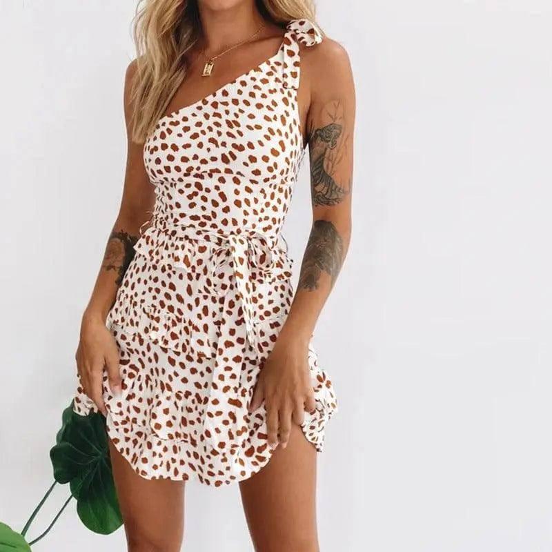 LOVEMI - Leopard-print slanted shoulder sexy dress