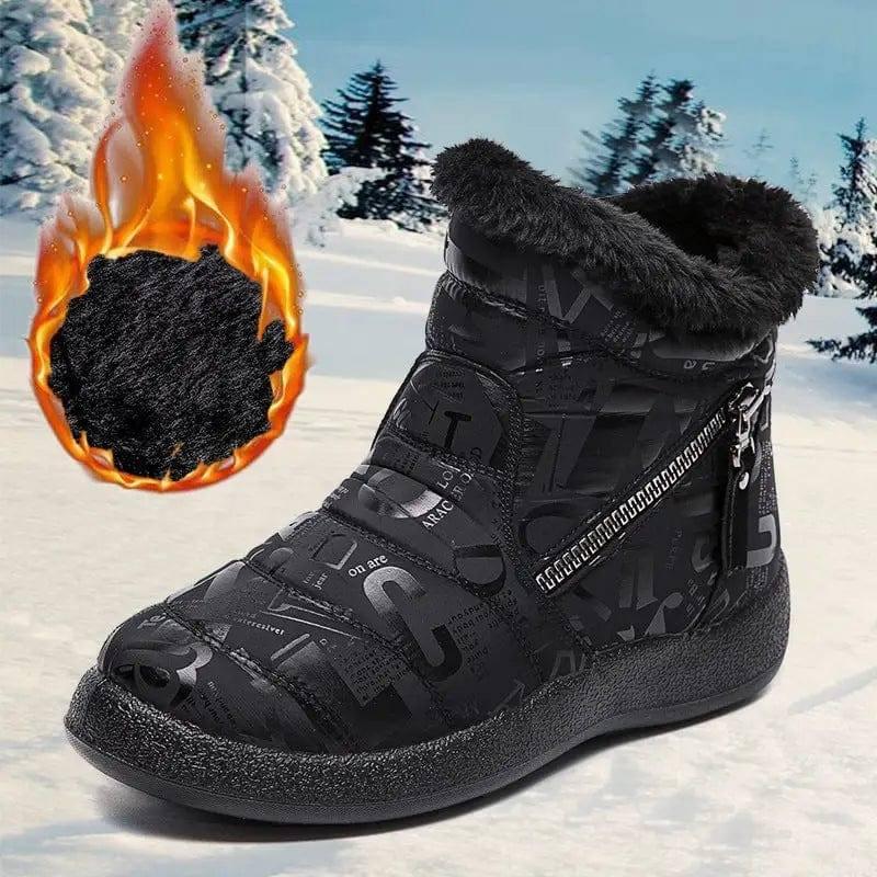 Letter Print Boots Winter Warm Plush Snow Boot Women Shoes-Black-11