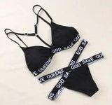 Letters Printing Cross Strip Bikini Set-S-1