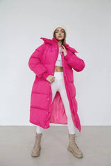 Long Loose Hooded Zipper Warm Padded Jacket-Rose-3