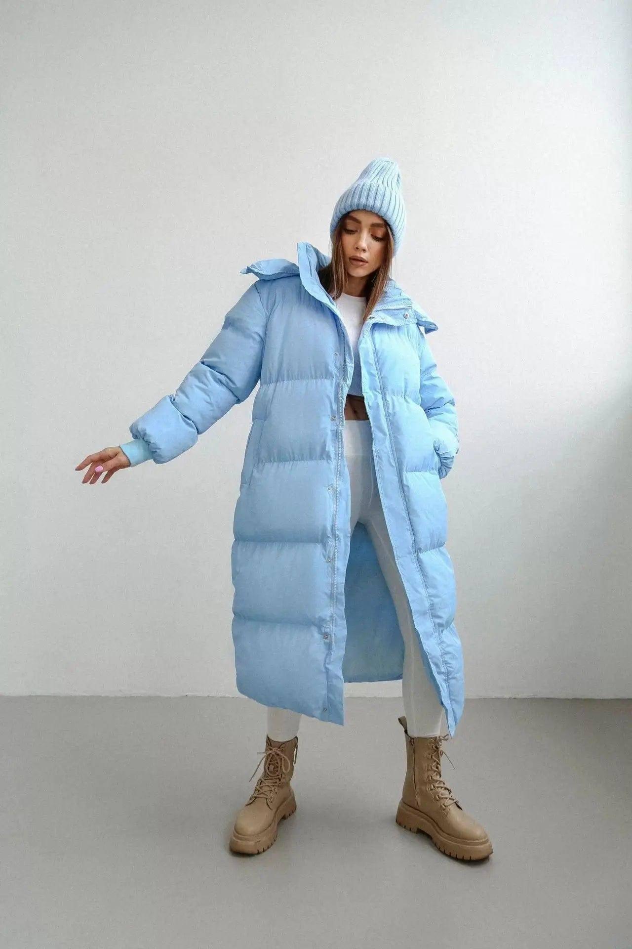 Long Loose Hooded Zipper Warm Padded Jacket-Light blue-7