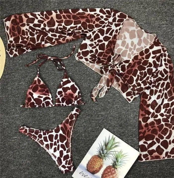 Long Sleeve Mesh Bikini Swimwear Women Three Pieces Leopard-Brown-5