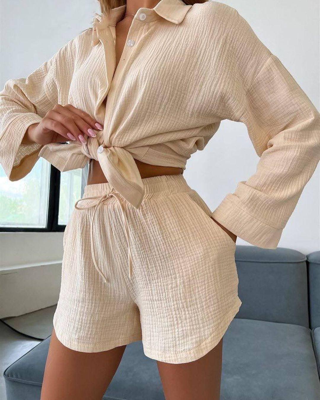 Long Sleeve Shirt Shorts Suit Women-Apricot-5