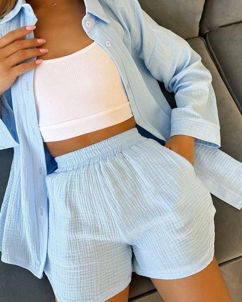 Long Sleeve Shirt Shorts Suit Women-Light Blue-7