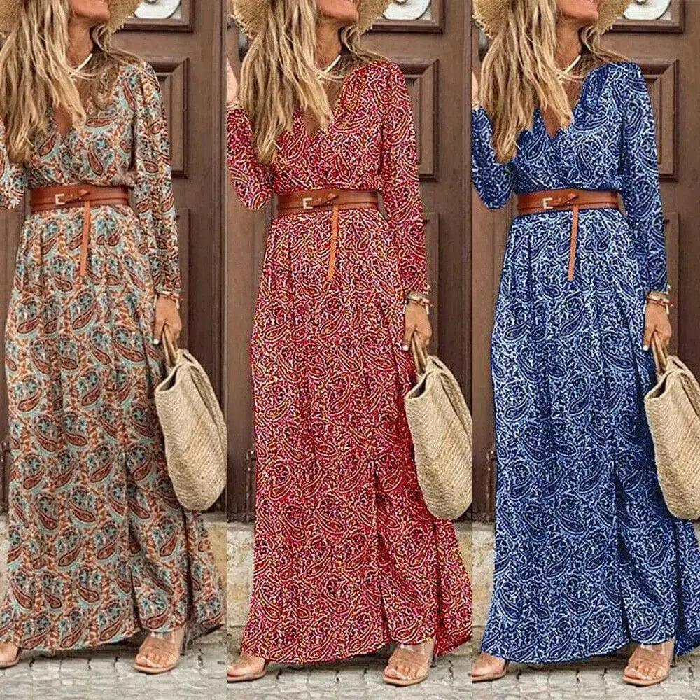 LOVEMI - Long Sleeve V-Neck Boho Floral Dress