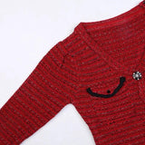 Long Sleeve V-Neck Gold Stripe Slim Mid-Length Red Knit-3