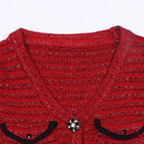 Long Sleeve V-Neck Gold Stripe Slim Mid-Length Red Knit-4