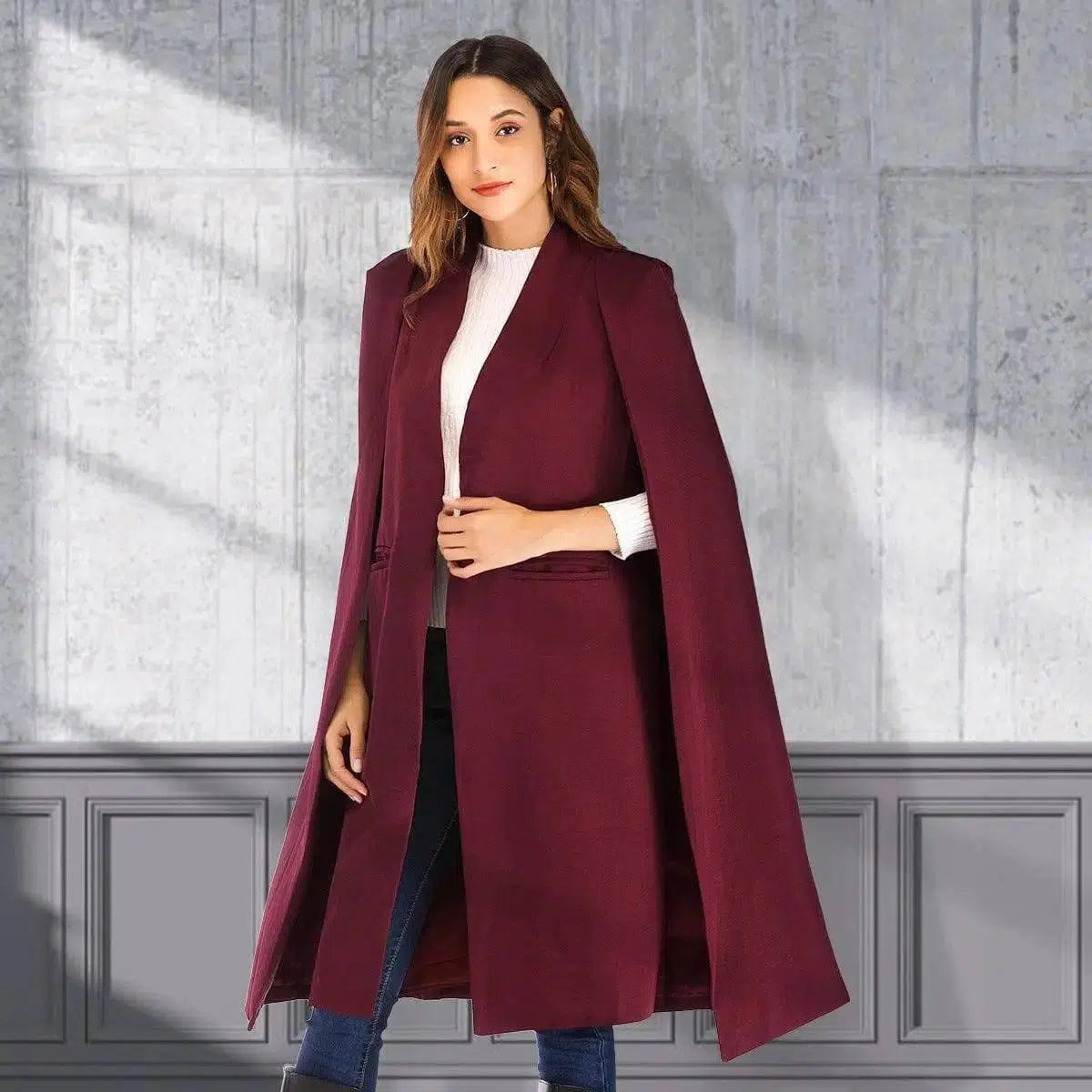 Long Women's Shawl Windbreaker Cloak Coat-WineRed-1