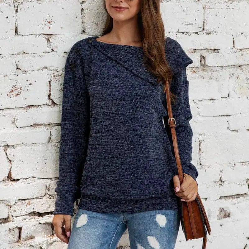 Loose Round Neck Button Thick Sweater Sweater-Blue-3