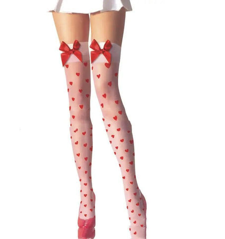 Lovely Red Big Bow Heart Printed Stockings-White-1