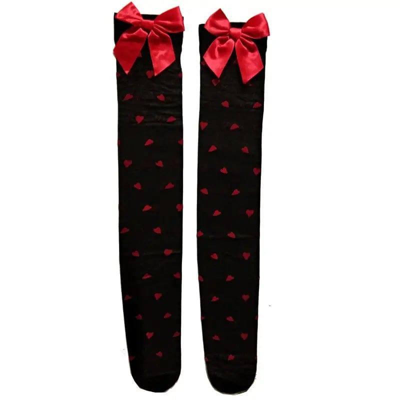 Lovely Red Big Bow Heart Printed Stockings-Black-5