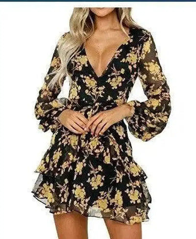 Autumn new fashion flower print long sleeve dress-Gold-11