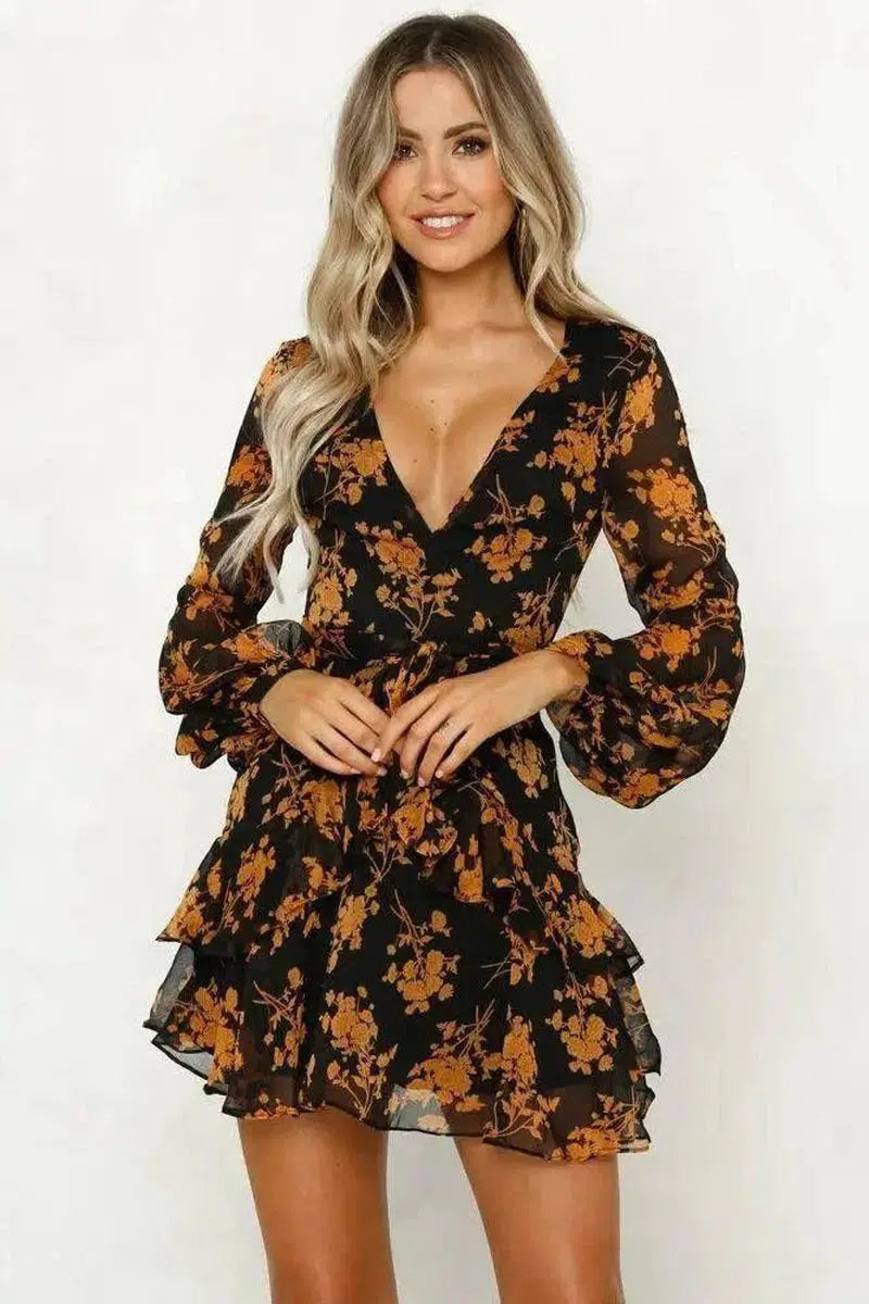 Autumn new fashion flower print long sleeve dress-Yellow-14