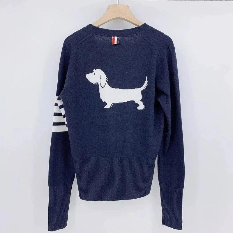 Dog Motif Crew Neck Sweaters-Navy Blue-4