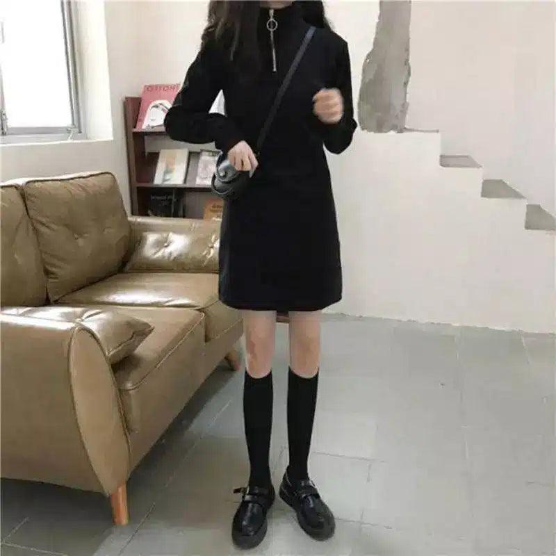 LOVEMI - Lovemi - Black Dress Women Fall Winter Korean Mid-Length