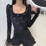 LOVEMI - Lovemi - Black U-Neck Top with Ostrich Feather Cuff Detail